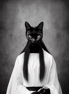 a portrait of a cat goddess wearing a mourning gown, she is traveling to a memorial service, somber serious expression, a black and white photo by Frieke Janssens, centered, stark, beautiful, coherent, bastet -s 75 -W 512 -H 704 -C 7.5 -A k_euler_a -S 3073920875